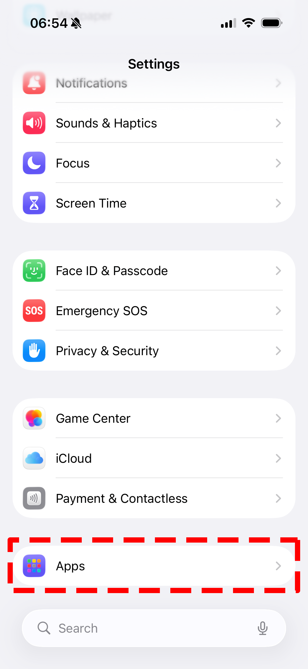 Settings Apps screen showing the list of apps