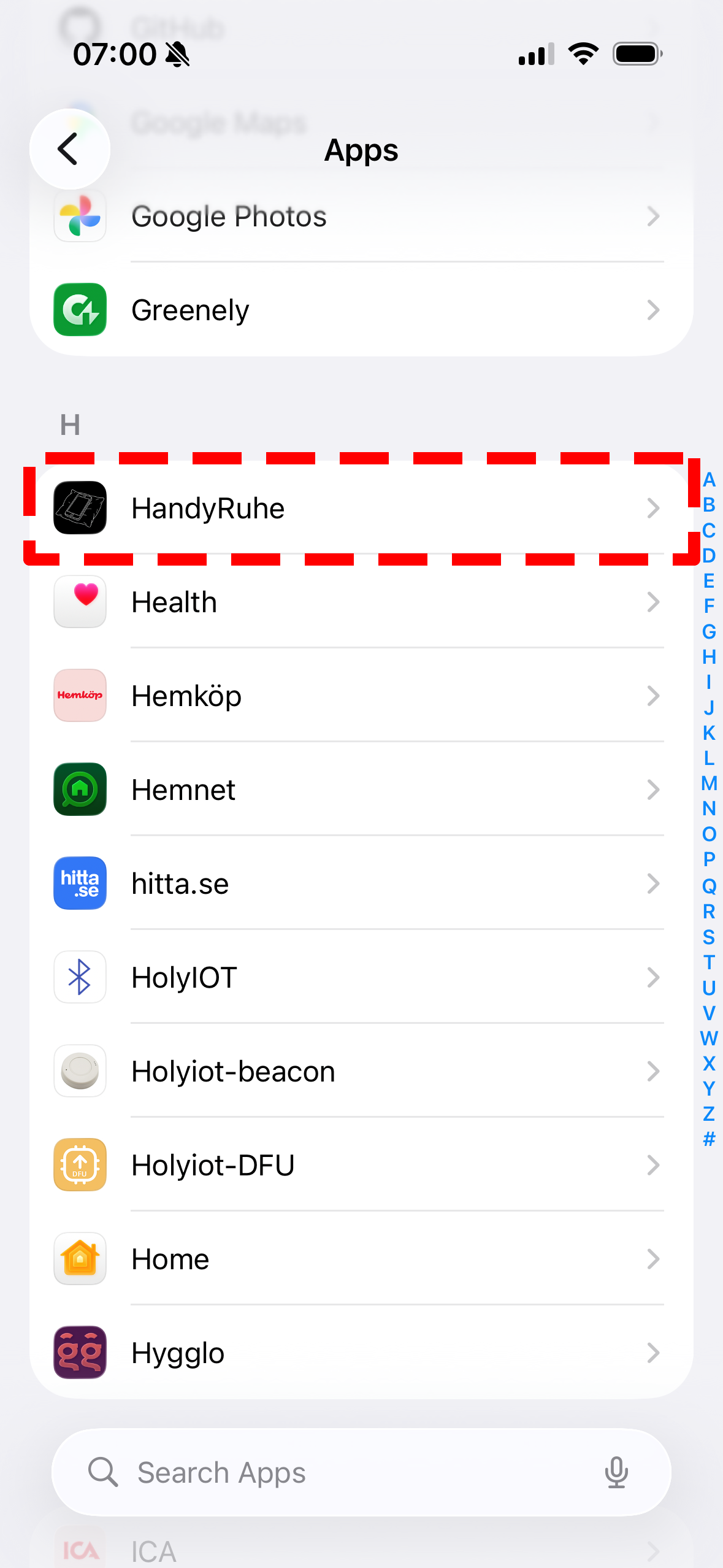 Handyruhe app settings screen